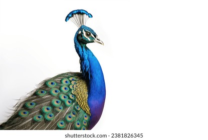 Beautiful feathered peacock, close-up photo, isolated on white background.