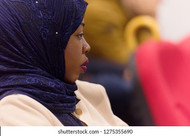 Beautiful Female Afro Hijab Muslim  Student Listen Carefully During Seminar. Study Event, Workshop, Plan Creative Job, Customer Support Service, Case Hear In Court, Leader Performance Concept.