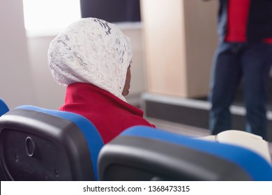 Beautiful Female Afro Hijab Muslim  Student Listen Carefully During Seminar. Study Event, Workshop, Plan Creative Job, Customer Support Service, Case Hear In Court, Leader Performance Concept.