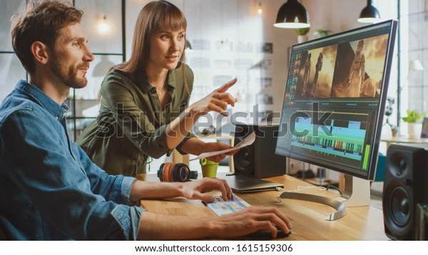 Beautiful\
Female Art Director Consults Handsome Video Editor Colleague, They\
Work on a Video Project About Astronauts. They Work in a Cool\
Office Loft. They Look Very Creative and\
Cool.