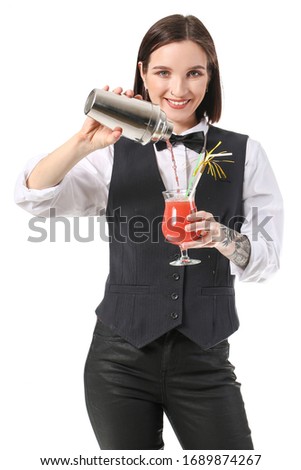 Beautiful female bartender on white background