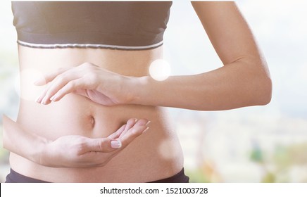 Beautiful Female Belly. Pretty Woman Cares For The Stomach. Healthcare, Digestion, Intestinal Health. Wellness. Body Part