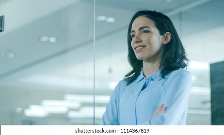 Beautiful Female CEO In Her Office Looks Out Of The Window. Strong Independent Woman With Big Accomplishments Behind And Ahead Of Her.