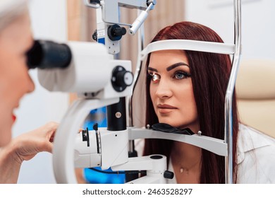 Beautiful female doctor ophthalmologist is checking the eye vision of senior woman in a modern clinic. Doctor and patient during medical check up in ophthalmology clinic. - Powered by Shutterstock