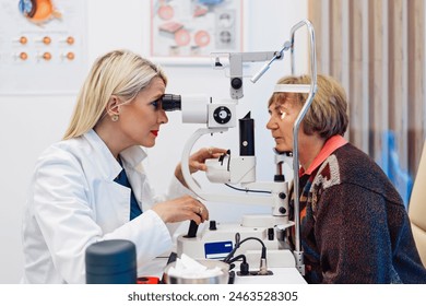 Beautiful female doctor ophthalmologist is checking the eye vision of senior woman in a modern clinic. Doctor and patient during medical check up in ophthalmology clinic. - Powered by Shutterstock