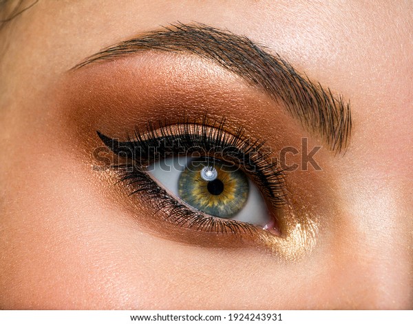 Beautiful female eye with\
brown, shiny makeup. Fashionable brown makeup. Macro image of a\
woman\'s eye.