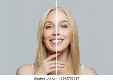 Beautiful female face before and after lifting cosmetics procedure, studio portrait