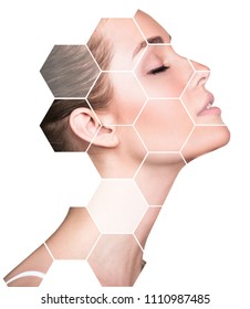 Beautiful female face in honeycombs. Spa and face lifting concept. Isolated on white. - Shutterstock ID 1110987485