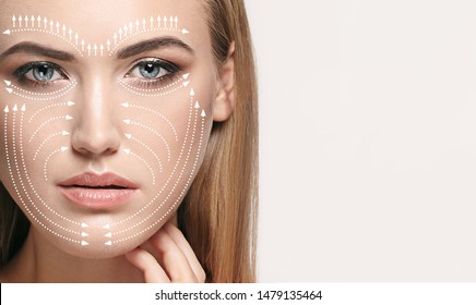 Beautiful female face isolated on grey background. Concept of bodycare, cosmetics, skincare and lifting, correction surgery, beauty and perfect skin. Comparison - old and young. Antiaging.