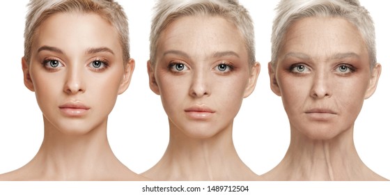 Beautiful female face isolated on white background. Concept of bodycare, cosmetics, skincare and lifting, correction surgery, beauty and perfect skin. Comparison - old and young. Antiaging.