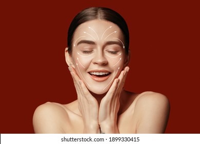 Beautiful Female Face With Lifting Up Arrows Isolated On Red Background. Concept Of Bodycare, Cosmetics, Skincare, Correction Surgery, Beauty And Perfect Skin. Flyer For Your Ad. Antiaging.