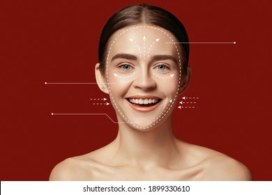 Beautiful Female Face With Lifting Up Arrows Isolated On Red Background. Concept Of Bodycare, Cosmetics, Skincare, Correction Surgery, Beauty And Perfect Skin. Flyer For Your Ad. Antiaging.