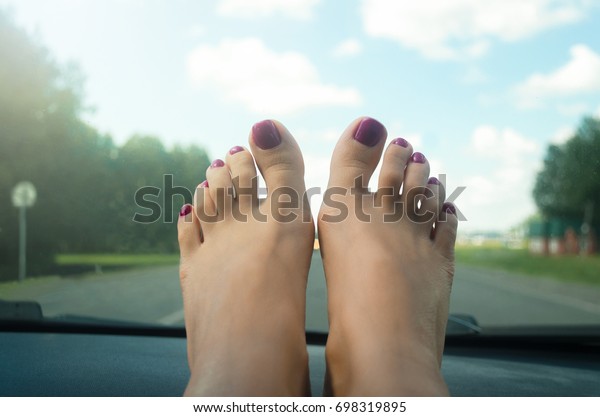 Beautiful Female Feet On Dashboard Car Stock Photo Edit Now