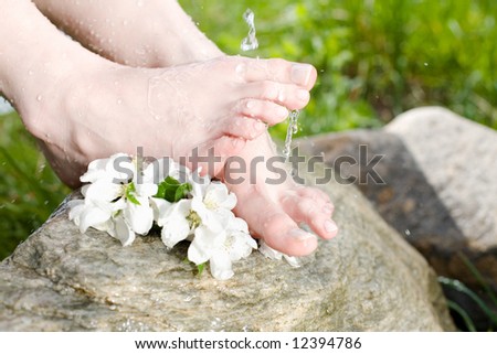 Beautiful female feet on the rock