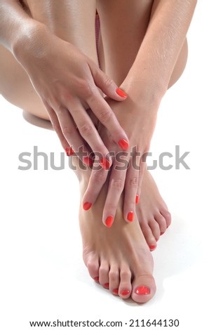 beautiful female feet at spa salon on pedicure procedure