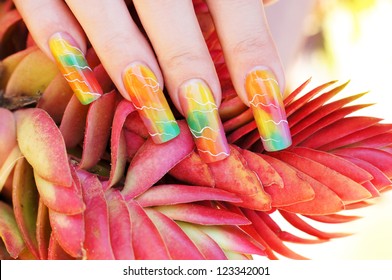 Beautiful Female Hand With Colorful Spring Nail Art Design Manicure Holding Exotic Plant