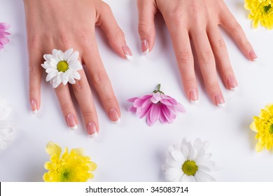 Beautiful Female Hands Among The Flowers. Gentle Spring Manicure.