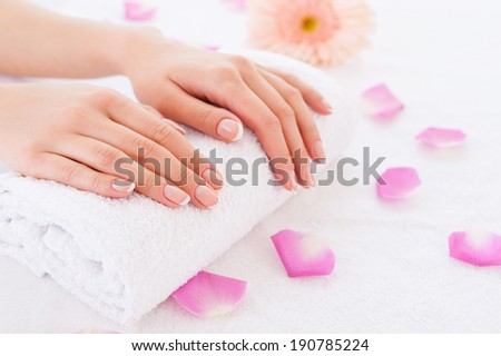 Beautiful female hands. Close-up of beautiful female hands on the towel with rose petals laying around 