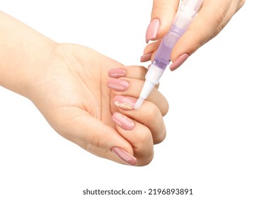 Beautiful Female Hands With Cuticle Oil ​isolated On White Background