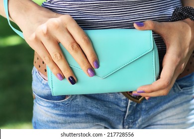 Beautiful Female Hands  Sweet Cute Manicure Hold Blue  Big Purse