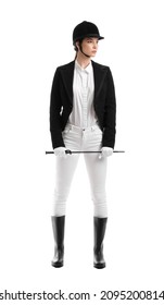 Beautiful Female Jockey On White Background