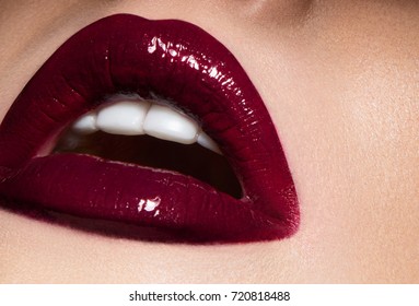 Beautiful Female Lips With Burgundy Makeup Close-up