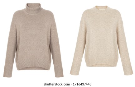 Beautiful female luxurious woolen beige knitted wool turtleneck sweaters, clipping path, front view, ghost mannequin isolated on white background - Shutterstock ID 1716437443