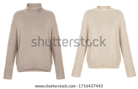 Beautiful female luxurious woolen beige knitted wool turtleneck sweaters, clipping path, front view, ghost mannequin isolated on white background