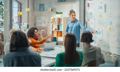 Beautiful Female Manager Holding a Meeting in a Conference Room at a Creative Agency Office. Caucasian Woman Using Whiteboard and Mindmapping Technic to explain Company's Commerce Strategy - Powered by Shutterstock