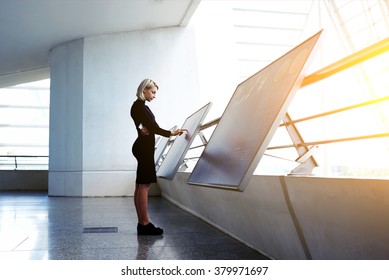 Beautiful Female Reading Advertising About A Project On Interactive Computer Display While Standing In Office Interior, Businesswoman Searching Information On High Tech Modern Device 