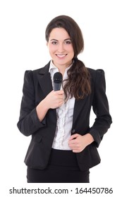 Beautiful Female Reporter With Microphone Isolated On White Background