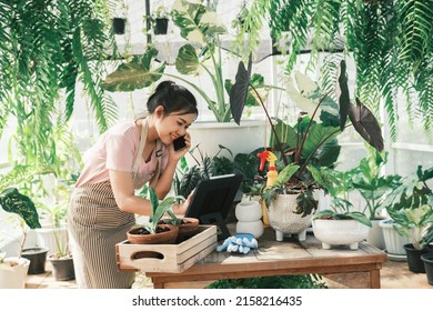 Beautiful Female Smiling Works At Garden Centre Retail Store. Taking Orders Over The Phone. She Working At Table And In Background Is A Shop With Lots Of Plant.