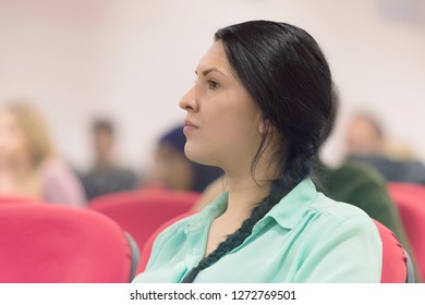 Beautiful Female Student Listen Carefully During Seminar. Study Event, Client Conversation,workshop,  Plan Creative Job, Customer Support Service, Case Hear In Court, Leader Performance Concept.