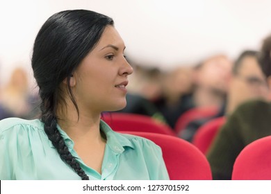 Beautiful Female Student Listen Carefully During Seminar. Study Event, Client Conversation,workshop,  Plan Creative Job, Customer Support Service, Case Hear In Court, Leader Performance Concept.