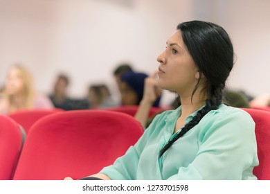 Beautiful Female Student Listen Carefully During Seminar. Study Event, Client Conversation,workshop,  Plan Creative Job, Customer Support Service, Case Hear In Court, Leader Performance Concept.