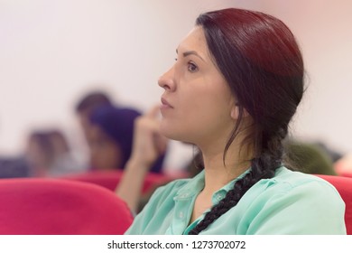 Beautiful Female Student Listen Carefully During Seminar. Study Event, Client Conversation,workshop,  Plan Creative Job, Customer Support Service, Case Hear In Court, Leader Performance Concept.