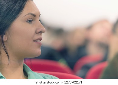 Beautiful Female Student Listen Carefully During Seminar. Study Event, Client Conversation,workshop,  Plan Creative Job, Customer Support Service, Case Hear In Court, Leader Performance Concept.