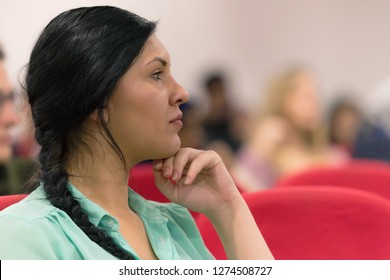 Beautiful Female Student Listen Carefully During Seminar. Study Event, Client Conversation,workshop,  Plan Creative Job, Customer Support Service, Case Hear In Court, Leader Performance Concept.