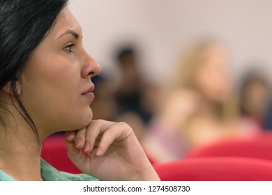 Beautiful Female Student Listen Carefully During Seminar. Study Event, Client Conversation,workshop,  Plan Creative Job, Customer Support Service, Case Hear In Court, Leader Performance Concept.