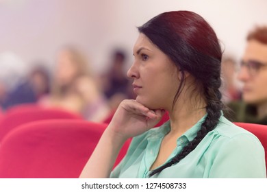 Beautiful Female Student Listen Carefully During Seminar. Study Event, Client Conversation,workshop,  Plan Creative Job, Customer Support Service, Case Hear In Court, Leader Performance Concept.