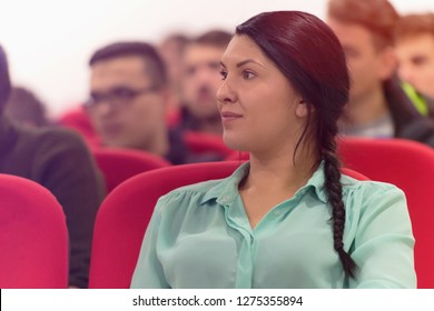 Beautiful Female Student Listen Carefully During Seminar. Study Event, Client Conversation,workshop,  Plan Creative Job, Customer Support Service, Case Hear In Court, Leader Performance Concept.