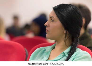 Beautiful Female Student Listen Carefully During Seminar. Study Event, Client Conversation,workshop,  Plan Creative Job, Customer Support Service, Case Hear In Court, Leader Performance Concept.