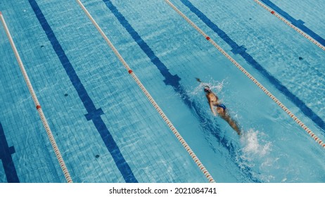 Beautiful Female Swimmer Using Front Crawl, Freestyle in Swimming Pool. Professional Athlete Training to Win Championship. Stylish Colors, High Angle Shot - Powered by Shutterstock