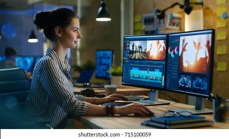 Beautiful Female Video Editor Works with Footage on Her Personal Computer, She Works in Creative Office Studio.