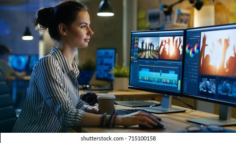 Beautiful Female Video Editor Works with Footage on Her Personal Computer, She Works in Creative Office Studio. - Shutterstock ID 715100158