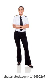 beautiful female young airline co-pilot with arms crossed isolated on white