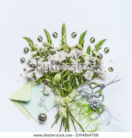 Image, Stock Photo Green bouquet with decoration and greeting card