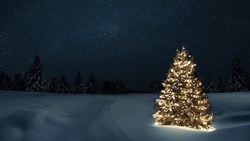 Beautiful Festive Christmas Tree With Lights Garlands In A Snowy Field With Forest And Stars At Christmas Night. New Year And Christmas Cards, Creative Idea.