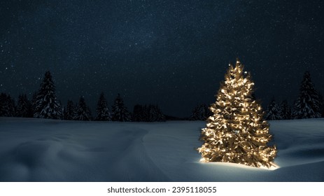 Beautiful festive Christmas tree with lights garlands in a snowy field with forest and stars at Christmas night. New Year and Christmas cards, creative idea. - Powered by Shutterstock