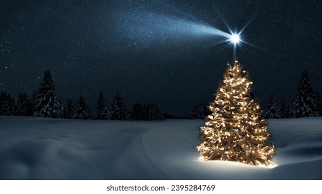 Beautiful festive Christmas tree with lights garlands in a snowy field with forest and star at Christmas night. New Year and Christmas card, The first star lit up in the winter forest.  Comet falls - Powered by Shutterstock